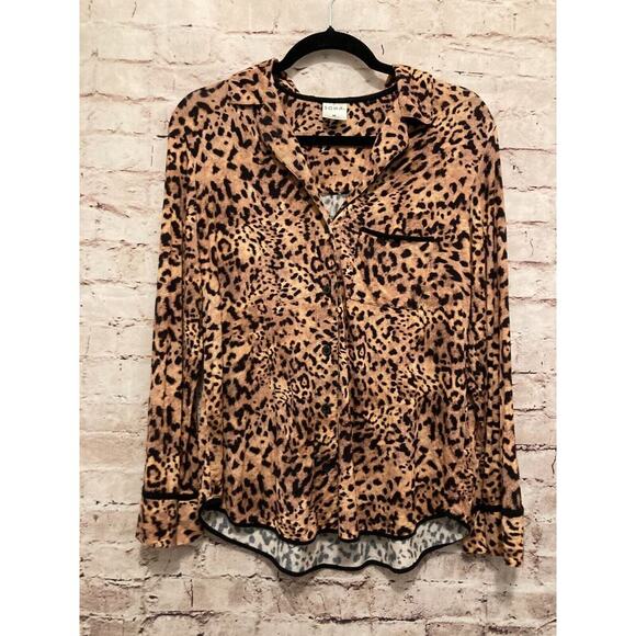 SOMA Sleep Shirt Womens Medium Brown Animal Print Button Front Pocket Stretch - Picture 1 of 12